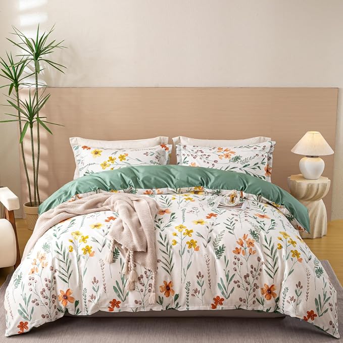 OAITE Twin Duvet Cover Set 3pcs 100% Cotton with Green Pastoral | Cottagecore,Soft, Breathable,Long-lasting,Comfort,Hidden Zipper,8 Corner Ties,Easy Care for All Season