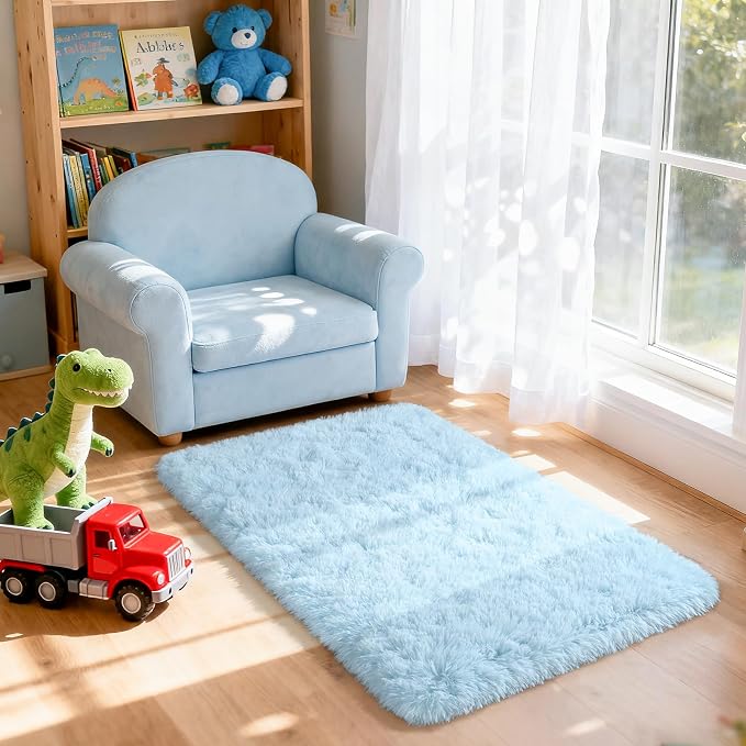 Fluffy Rug Shaggy Area Rug, Baby Blue 2x4 Area Rugs for Bedroom, Small Kids Bedside Rug, Soft Shaggy Entryway Throw Rugs for Living Room Bedroom Nursery Room Home Decor Aesthetic