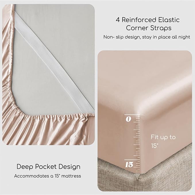 MR&HM Satin Sheets Twin Size with Elastic Corner Straps, Champagne | Similar to Silk, 3-Piece Silky Soft Bed Sheet Set, Gentle on Skin and Hair, 15" Deep Pocket, Cooling & Breathable