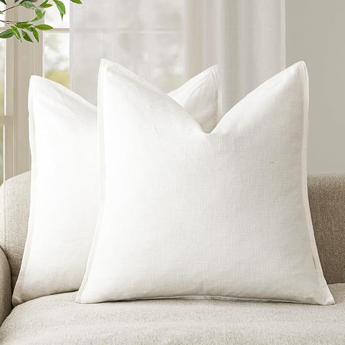 Foindtower Linen Solid Decorative Throw Pillow Covers 20x20 Cream White | Pack of 2 Boho Farmhouse Pillowcase,Accent Neutral Cushion Covers,Morden Home Decor for Chair Couch Sofa Bedroom Living Room