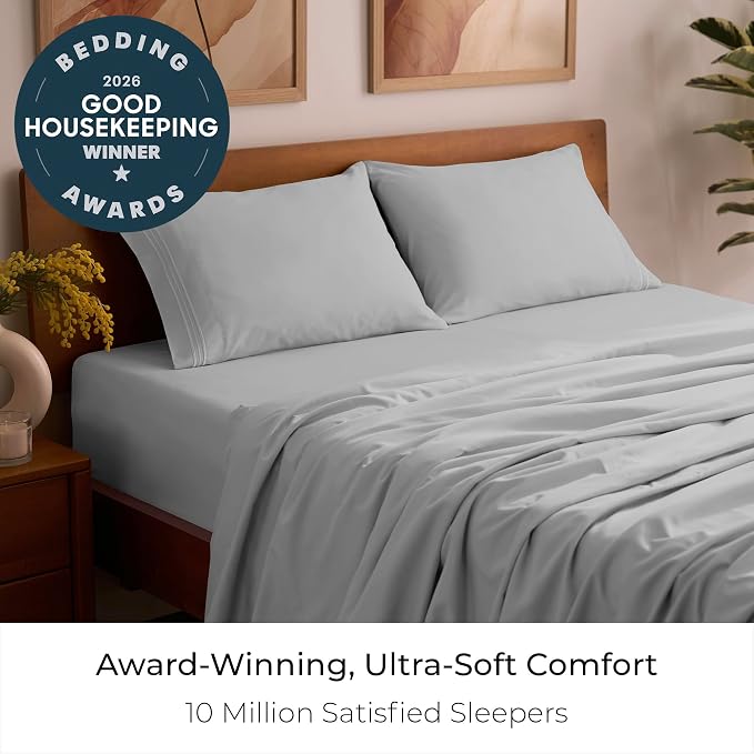 Mellanni Iconic 4-Piece, Ultra Soft Sheet Set (Queen, Light Gray) | 10M+ Sleepers. Lab-tested: Sleeps Cool, Stays Bright, Strong, Smooth. Good Housekeeping Best Bedding, 7 yrs running.