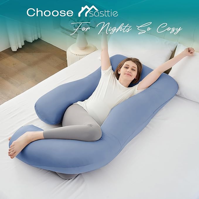 Sasttie Cooling Pregnancy Pillows for Sleeping, 65'' Full Body Pillow, Blue | Sasttie Maternity Pillow, OEKO-TEX, Down Alternative, Removable Cover, Pregnant Women Must Haves, Maternity Essential
