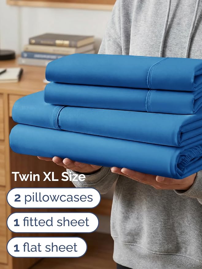 Extra Deep Twin XL Sheet Set - 4 Piece College Dorm Room - Royal Blue | College Dorm Room Essentials, Easy & Secure Fit, Ultra-Soft, Wrinkle & Fade Free, Comfy Sheets Set with Extra Deep Pockets