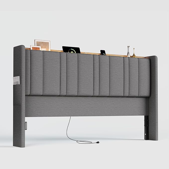 ONBRILL King Size Headboard with Storage, LED Light, Grey | Linen Vertical Wingback Headboard w/ Charging Station, Upholstered Head Board w/ High-Density Foam Padding, 2 Storage Pockets