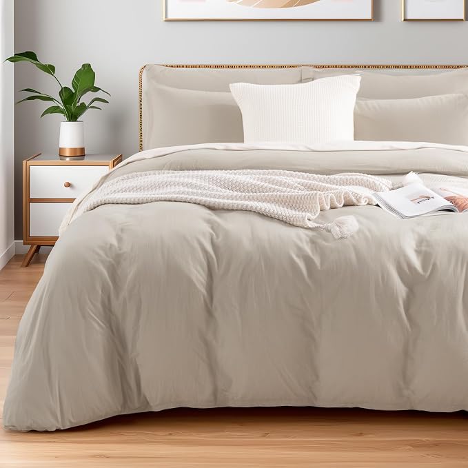 NEXHOME PRO King Duvet Cover Set – 100% Certified Organic Cotton with Washed Feel & Linen-Like Texture, Comfortable & Breathable, Home Bedding Set Light Linen (No Comforter)