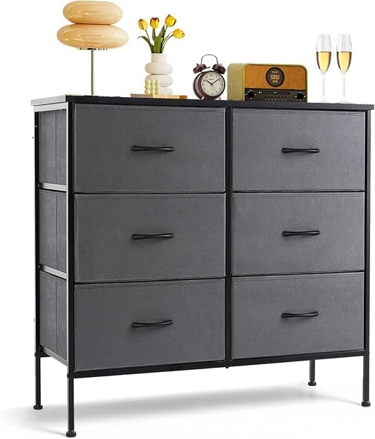 6-Drawer Dresser for Bedroom, Anti-Tip Wide Storage Organizer | Chest of Drawers with Wooden Top and Metal Frame Fabric Bins for Closet, Living Room, Hallway, Entryway, Gray