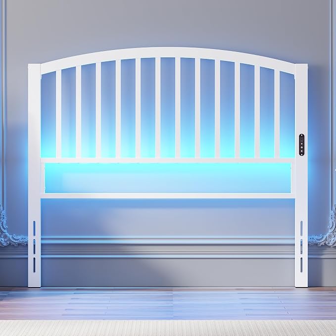Weehom Metal Full Headboard Only with LED Lights and USB, White | Freestanding full size headboard; adjustable height; USB charging station; modern bedroom design