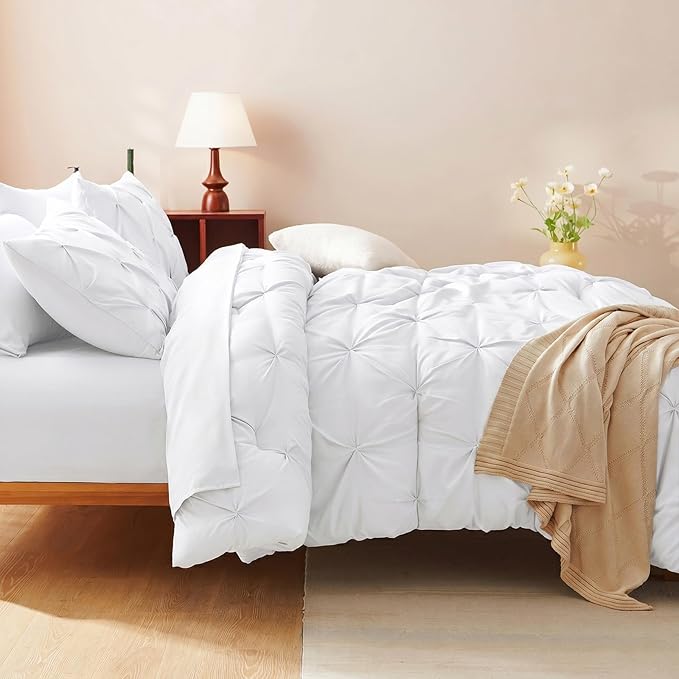 HIMEET Twin Comforter Set White - 5 Pieces Pintuck Bed in a Bag | OEKO-TEX Certified, 240GSM Down Alternative Comforter, 14" Deep Pocket Fitted Sheet + Flat Sheet + 1 Pillowcase + 1 Sham