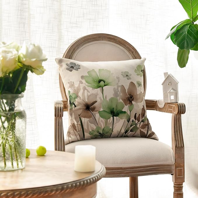AVOIN colorlife Poppy Flowers Pillow Covers 18x18 Inch Set of 2 | Chinoiserie Sage Green Brown Seasonal Leaves Cushion Case Decoration for Sofa Couch Farmhouse