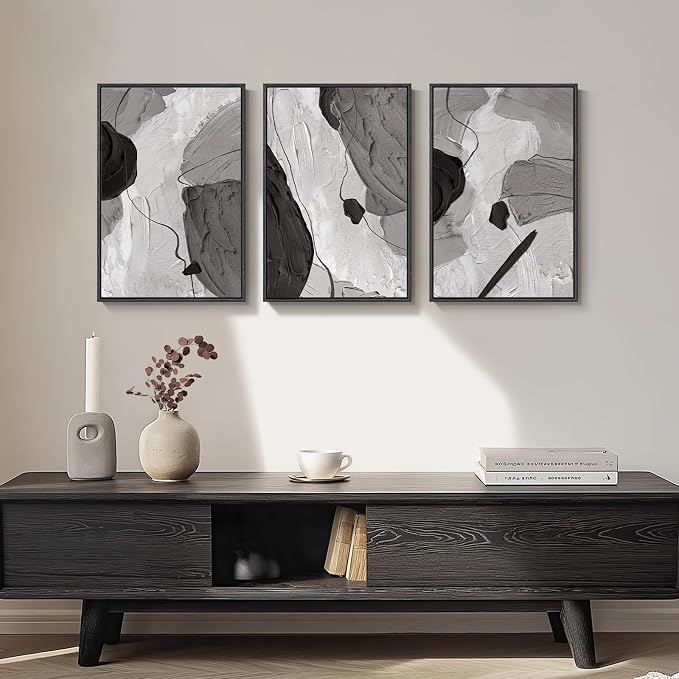 Framed Black and White Modern Abstract Wall Art, 3 Piece Canvas Prints Paintings Artwork for Walls, Minimalist Black White Grey Pictures for Living Room Dining Room Bedroom Office Wall Decor 16x24 In | Black Grey Paintings, Modern Artwork, Minimalist P...