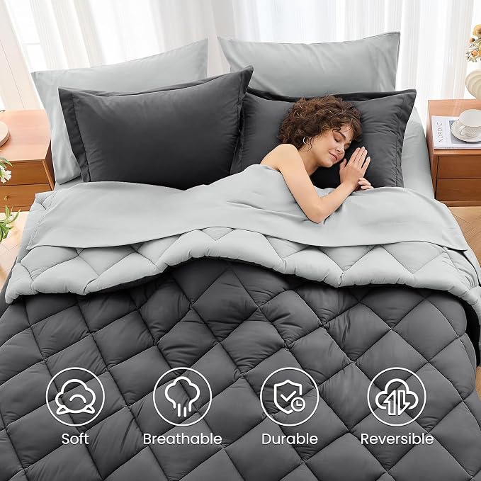 7 Pieces Oversized Queen Comforter Set, Reversible Bed in a Bag Oversized Queen Size, All Season Bedding Set, Flat Sheet, Fitted Sheet, Pillowcases & Shams, Dark Grey & Light Grey