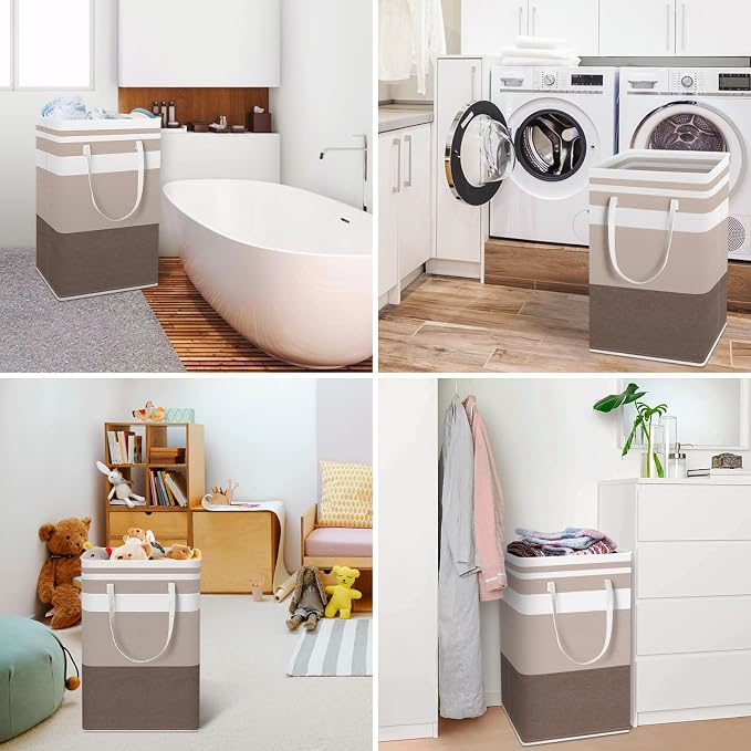 HomeHacks 2 Pack Large Laundry Baskets, Laundry Hampers Bags (Khaki 88Lx2) | Waterproof, Freestanding, Collapsible Clothes Hamper with Reinforced Handles in Laundry Room, Dorm, Bathroom, Bedroom