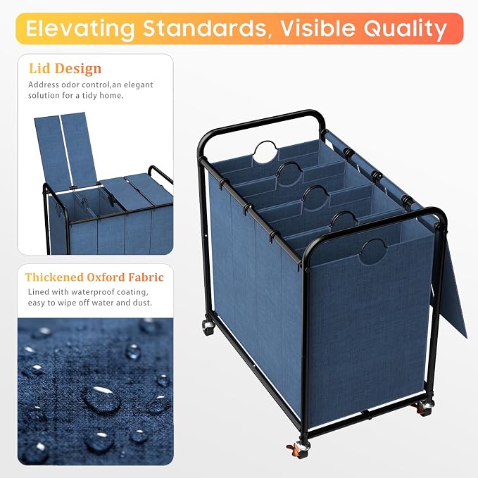 Laundry Sorter 4 Sections 48 Gal, Rolling Laundry Basket with Wheels ＆ Lid | Laundry Hamper, 4 Separated Removable Bags, Lockable Wheels, Dirty Clothes Hamper for Laundry Room Organizer, Blue
