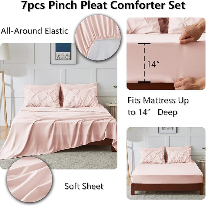 HIMEET Queen Comforter Set Peach Pink - 7 Pieces Pintuck Bed in a Bag | OEKO-TEX Certified, 240GSM Down Alternative Comforter, 14" Deep Pocket Fitted Sheet + Flat Sheet + 2 Pillowcases + 2 Shams