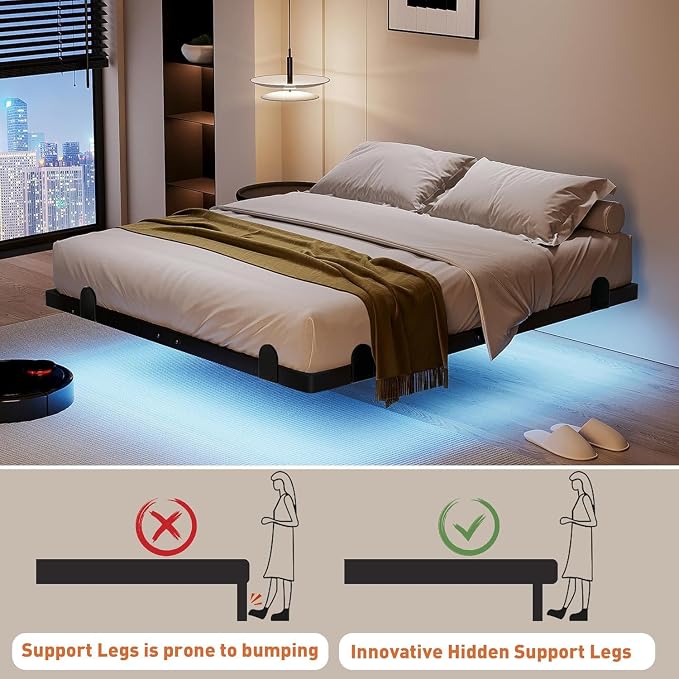 qimamo Floating Queen Bed Frame, 7 Inch Metal Platform Bed with Smart LED Lights & Charging Station, Easy Assembly, No Box Spring Needed