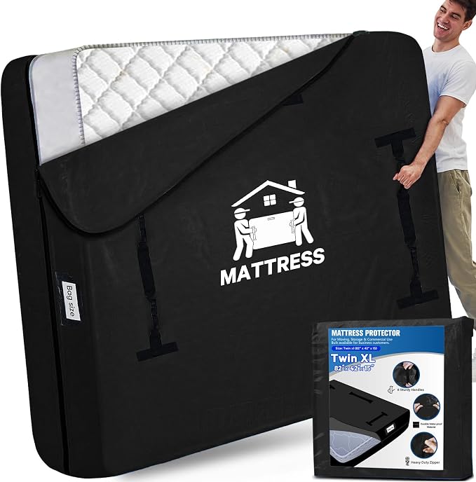 Mattress Bags for Moving, BETU Mattress Protector Waterproof Mattress Cover Twin XL Size Storage Bags with 8 Heavy-Duty Handles and Zipper for College Bed Extra Thick Large(82"x42"x15",Classic Black)