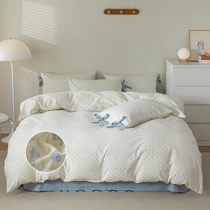 mixinni Blue Floral Duvet Cover Twin Size- 3 Piece Cottagecore Bedding Set with Bow Ties & Zipper Closure, 100% Cotton Soft Aesthetic Comforter Cover for Girls, Lightweight Breathable Country Style