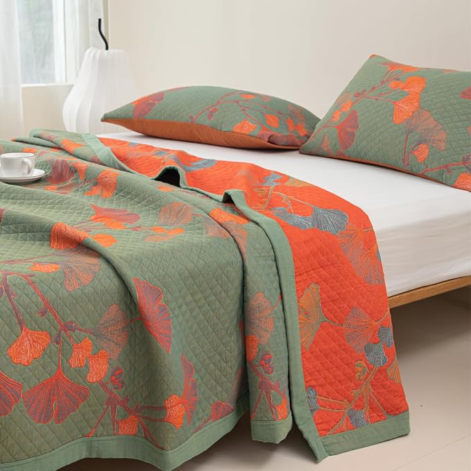 100% Cotton Muslin Blanket Jacquard Green Orange Floral Ginkgo Leaves Quilt, Soft Bed Cover Lightweight Breathable Gauzy Reversible Bedspread Coverlet Full/Queen(78"x94"), No Pillow Sham