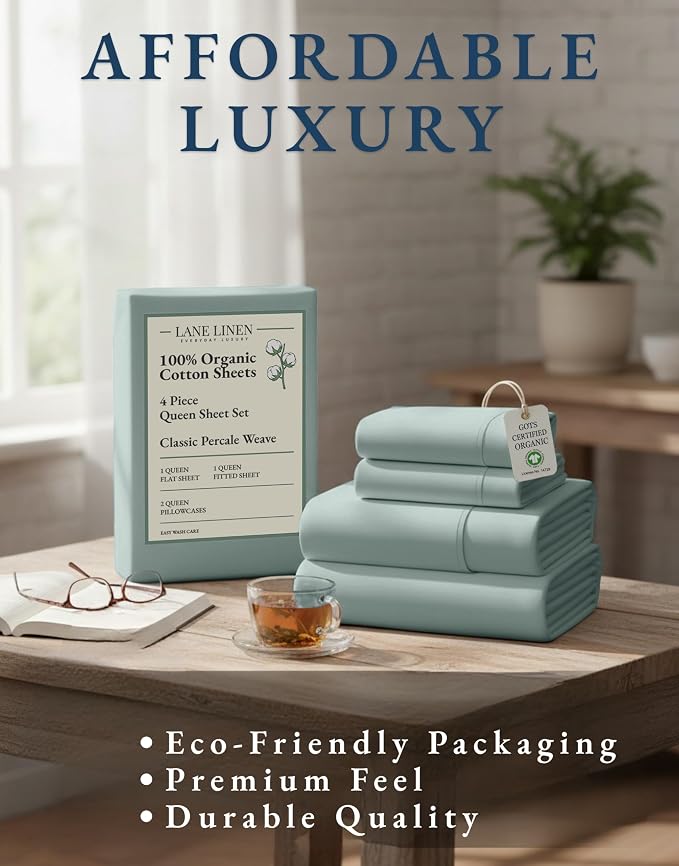 LANE LINEN Queen Bed Sheets 100% Organic Cotton 4pc Percale - French Blue | GOTS Certified Organic Cotton Percale Queen Sheet Set - Naturally Cooling & Lightweight, Cool All Summer, Cozy All Winter