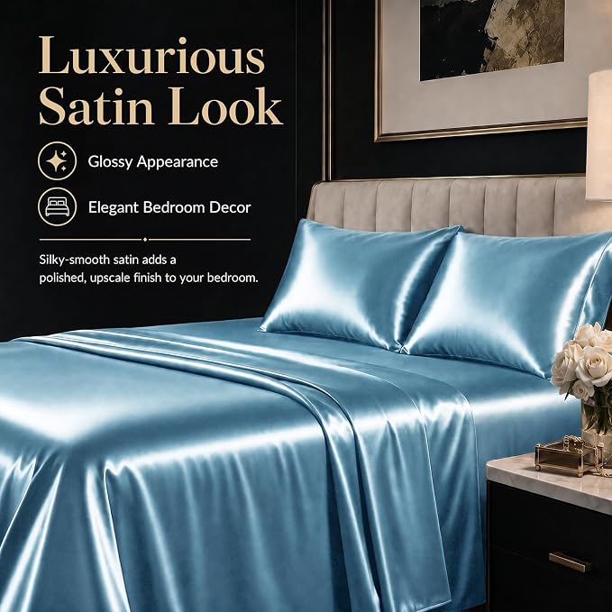 CozyLux Satin Sheets Queen, 4-Piece 14-Inch Deep Pocket Sheet Set | OEKO-TEX Certified Silky Soft Sheet Set for Hair & Skin, Luxurious Silky-Smooth Satin for Elegant Bedroom Decor, Sky Blue