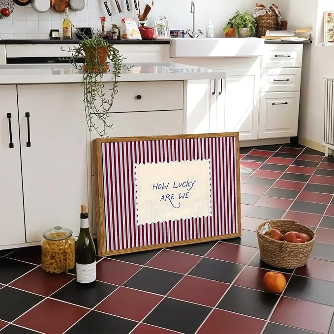 Framed How Lucky Are We Wall Art, Trendy Positive Affirmation Quotes Canvas Wall Decor Paintings, Red Striped Pictures Prints Preppy Home Decor for Living Room Bedroom Dorm 12x16 inch