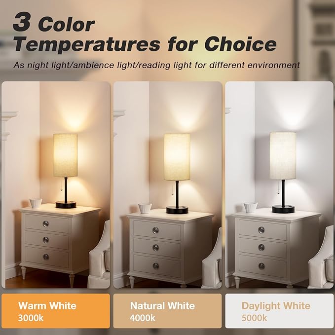 17in Bedside Table Lamp for Bedroom, Desk Lamp with USB Ports for Dorm | USB A+C Ports, AC Outlet, 3 Color Temperatures, LED Bulb Included, Linen-Fabric Shade, Matte Black Base, 14" Night Stand Lamp