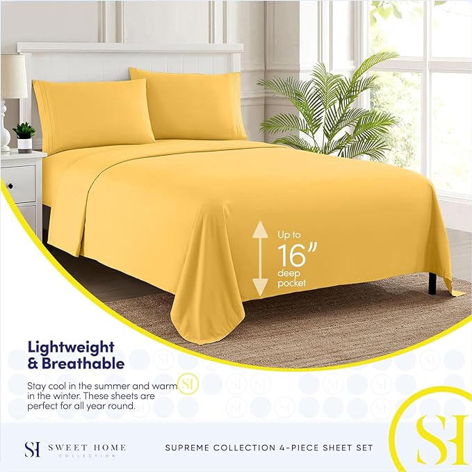 Twin XL Sheets - Breathable Luxury Sheets with Full Elastic & Secure Corner Straps Built In - 1800 Supreme Collection Extra Soft Deep Pocket Bedding Set, Sheet Set, Twin XL, Yellow
