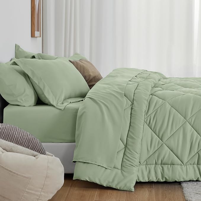 Love's cabin Twin Comforter Set Sage, 5 Pieces Twin Bed in a Bag, All Season Bedding Sets with 1 Comforter, 1 Flat Sheet, 1 Fitted Sheet, 1 Pillowcase and 1 Pillow Sham