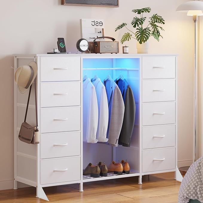 LUMTOK 55"W Dresser with Hanging Rack,10 Fabric drawers & Hooks for Bedroom | White 10 Drawers Dresser with LED Lights, Charging Station,chest of drawers with wooden top for clothing storage organization