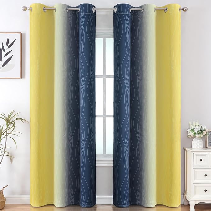 Navy Blue and Yellow Ombre Blackout Curtains for Living Room 84 Inch Long | Estelar Textiler Room Darkening Gradient Curtains for Bedroom,Thermal Insulated,Energy Saving Grommet Drapes,42Wx84L,2 Panels