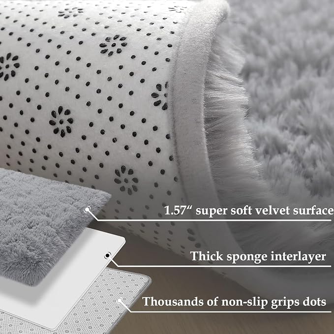 Soft Area Rug Fluffy Rugs for Living Room Bedroom Decor, 2x6 Runner Rugs for Hallway, Shag Furry Bedside Rug Indoor Accent Floor Carpet, Non-Slip Plush Rug for Nursery Kids Room Dorm, Grey
