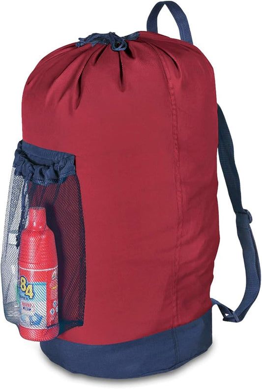 Backpack Laundry Bag, Laundry Backpack with Shoulder Straps and Mesh Pocket Durable Nylon Clothes Hamper Bag with Drawstring Closure Red