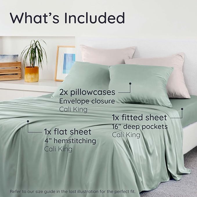 Bambaw 100% Viscose Derived from Bamboo Sheets California King Size – 4pcs Deep Pocket Cooling Sheets, Fits Up to 16'', Buttery Soft & Luxury California King Set (Sea Glass)
