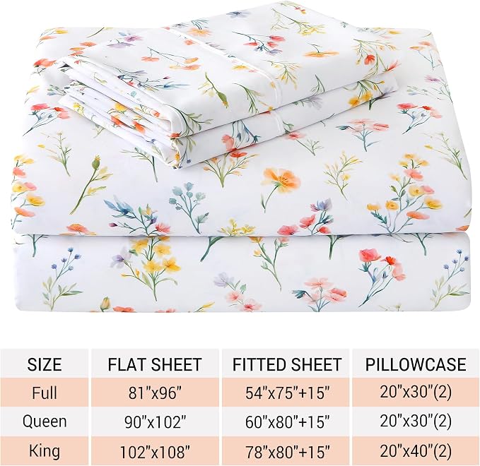 Viviland Floral King Sheet Set - 4 Piece Vintage Botanical Flower and Leaves Patterned Bed Sheets - Soft, Breathable Microfiber Sheets with Deep Pocket, Non-Slip Fitted Sheets & Pillowcases