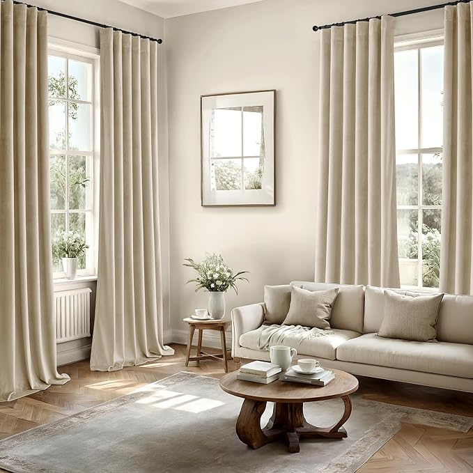 MIULEE Velvet Curtains 50W x 84L 2 Panels Beige Blackout Curtains | Luxury velvet fabric, pinch pleat design, back tab hooks, thermal insulated, blackout light blocking, for living room bedroom