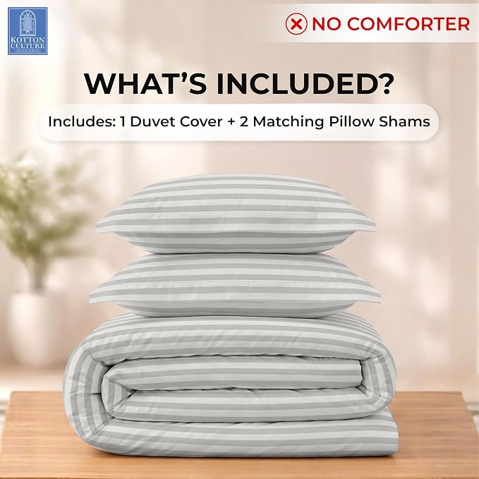 3 Pc King Size Duvet Cover Set- 100% Egyptian Cotton 600 Thread Count Ultra Soft Premium Durable Comforter Cover Zipper Closure & Corner Ties (Striped Silver, King 104"x94")