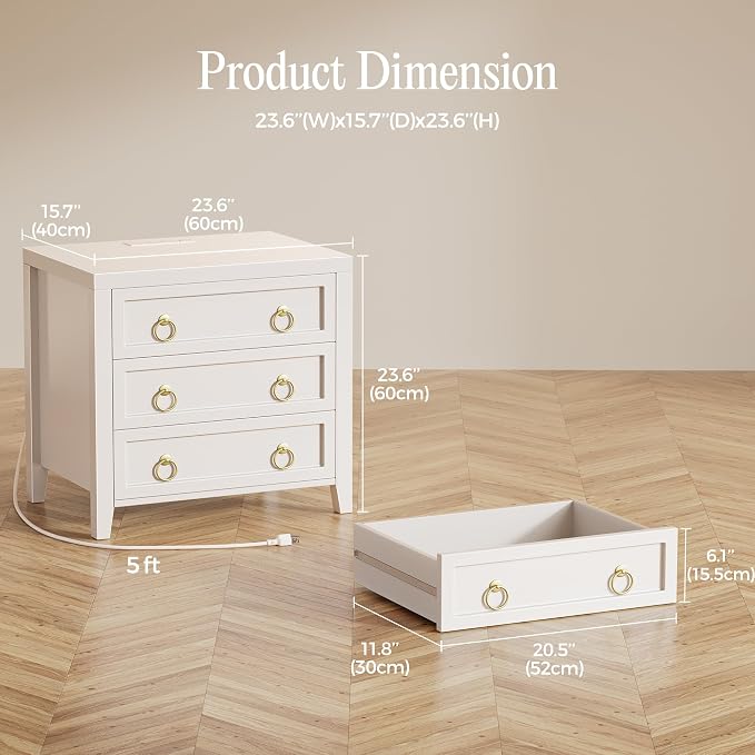 Huuger Paint Night Stand with Charger Station, 3 Drawer Nightstand Set of 2 | Larger Wider Bedside Table with USB-C Port, Modern End Table, for Bedroom, Living Room, White Nightstand