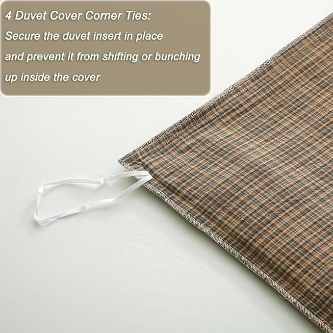 Silnuo Warm Camel Plaid Gingham Ruffle 3-Piece Duvet Cover Set Queen Size | 100% Washed Cotton Shabby Checkered Plaid Bedding Set Farmhouse Comforter Set(Queen,Warm Camel)