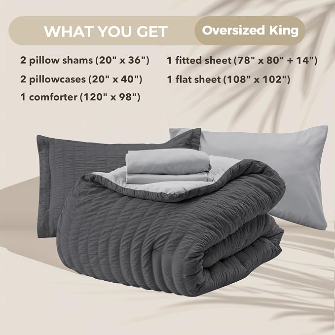 HYMOKEGE Dark Grey/Light Grey Oversized King Comforter Set Seersucker 7 Pieces, All Season Luxury Bed in a Bag for Bedroom, Bedding Set with Comforter, Sheets, Pillowcases & Shams