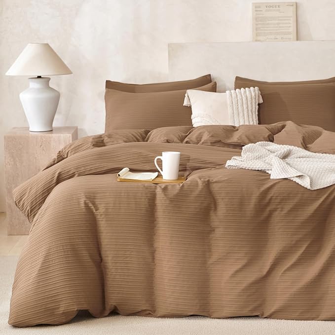 Comforter Set King Dark Brown Striped Luxury Washed Microfiber Jacquard 3 Pieces Bedding, Dark Brown Vertical Ticking Stripes Comforter with 2 Pillowcases Soft Breathable Durable Comfy