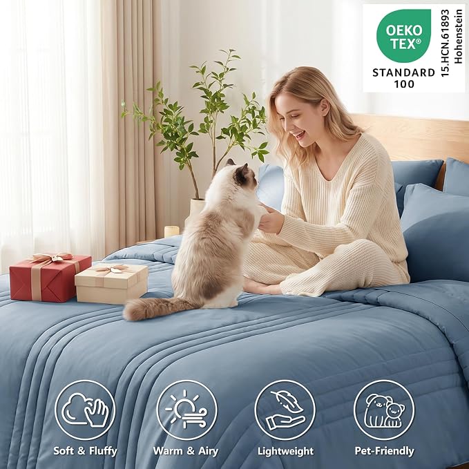 King Size Comforter Set Grayish Blue- 7 Pieces Bed in a Bag | OEKO-TEX Certified, 240GSM Down-Alternative Comforter, 14" Deep-Pocket Sheets, Shams & Pillowcases, Lightweight