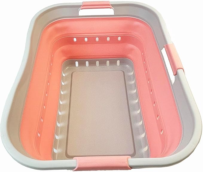 SAMMART 42L (11 gallon) Collapsible Plastic Laundry Basket - Foldable Pop Up Storage Container/Organizer - Space Saving Hamper/Basket (1, Grey/Quartz Pink)