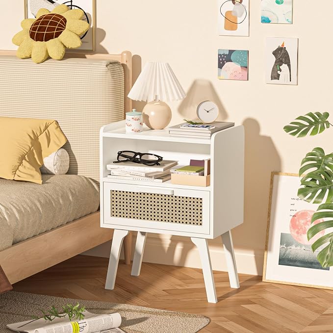Lerliuo Rattan Nightstands Set of 2, Bedside Table with Drawer Open Shelf | Cane Accent Side End Table with Solid Wood Legs, White Mid Century Night Stand for Bedroom, Dorm and Small Spaces