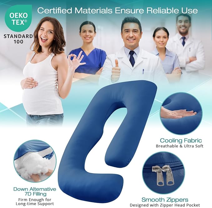 Sasttie Cooling Pregnancy Pillows for Sleeping, 57'' Full Body Pillow, Navy | Sasttie Maternity Pillow, OEKO-TEX, Down Alternative, Removable Cover, Pregnant Women Must Haves, Maternity Essential