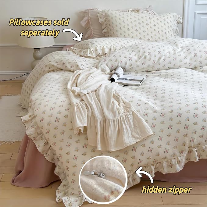 2-Layer Cotton Muslin Duvet Cover Full for Kids Girls Boys, Shabby Chic Floral Duvet Covers Beige Comforter/Quilt Cover with Ruffles, 79"x90", Azalea, No Pillow Cases