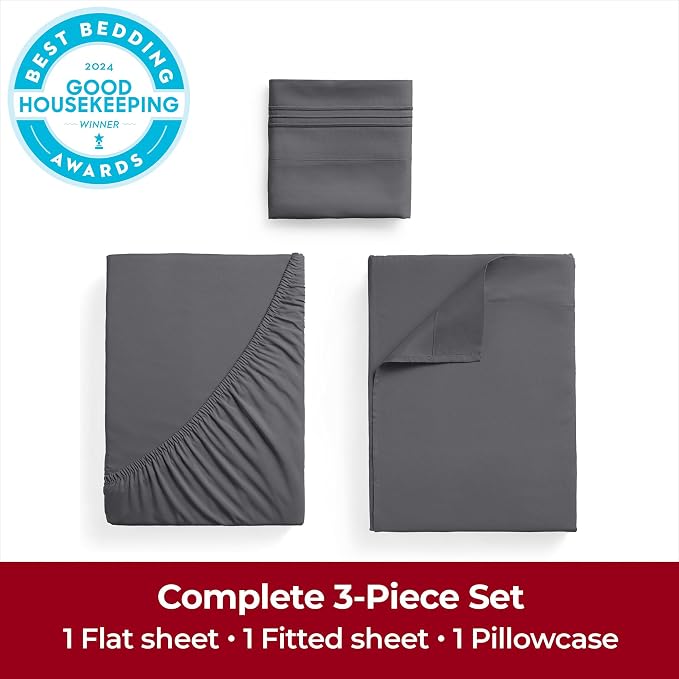 Mellanni Iconic 3-Piece, Ultra Soft Sheet Set (Twin XL, Gray) | 10M+ Sleepers. Lab-tested: Sleeps Cool, Stays Bright, Strong, Smooth. Good Housekeeping Best Bedding, 7 yrs running.
