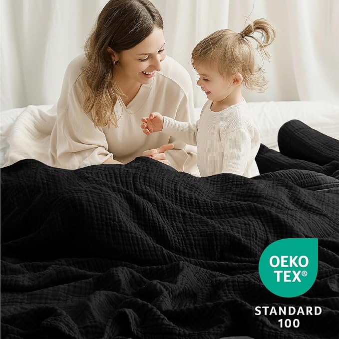 100% Cotton Muslin Blanket Large 50"x 70", 6 Layers Breathable and Lightweight Cotton Throw Blankets for Couch, Soft Cooling Summer Gauze Blanket for Adults All Season, Black