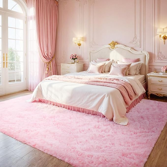 8x10 Fluffy Shag Area Rugs for Living Room Bedroom: Soft Carpet Light Pink | Upgraded Non-Slip Thick Memory Foam, Ultra Soft, Non-Shedding Fuzzy Carpet, Easy Clean Decor for Kids Room, Nursery, Playroom