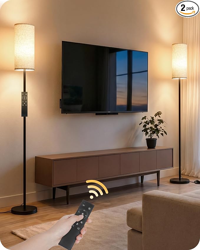 Set of 2 Slim Floor Lamps for Living Room with 2 Magnetic Remotes and Foot Switch, Dimmable Standing Lamp Mood for Bedroom Nursery, 3 Color Temperatures, 1-Hour Timer, 900LM Bulb Included, Beige Shade