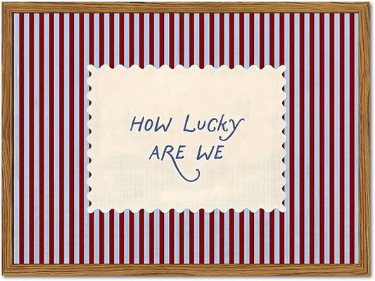 Framed How Lucky Are We Wall Art, Trendy Positive Affirmation Quotes Canvas Wall Decor Paintings, Red Striped Pictures Prints Preppy Home Decor for Living Room Bedroom Dorm 16x24 inch